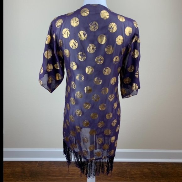 LulaRoe Purple & Gold Polka Dot Fringe Boho Kimono‎ small - Picture 11 of 16